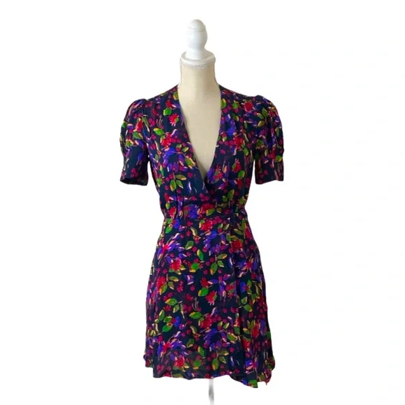 NWOT - SALONI Lea Wrap Mini Dress in Indigo Carlotta Floral. Size 6.